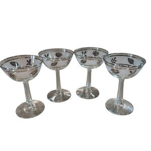 Libbey Set of 4 Silver Foliage Champagne Coupes Frosted Vintage Sleek 5 5/8 in